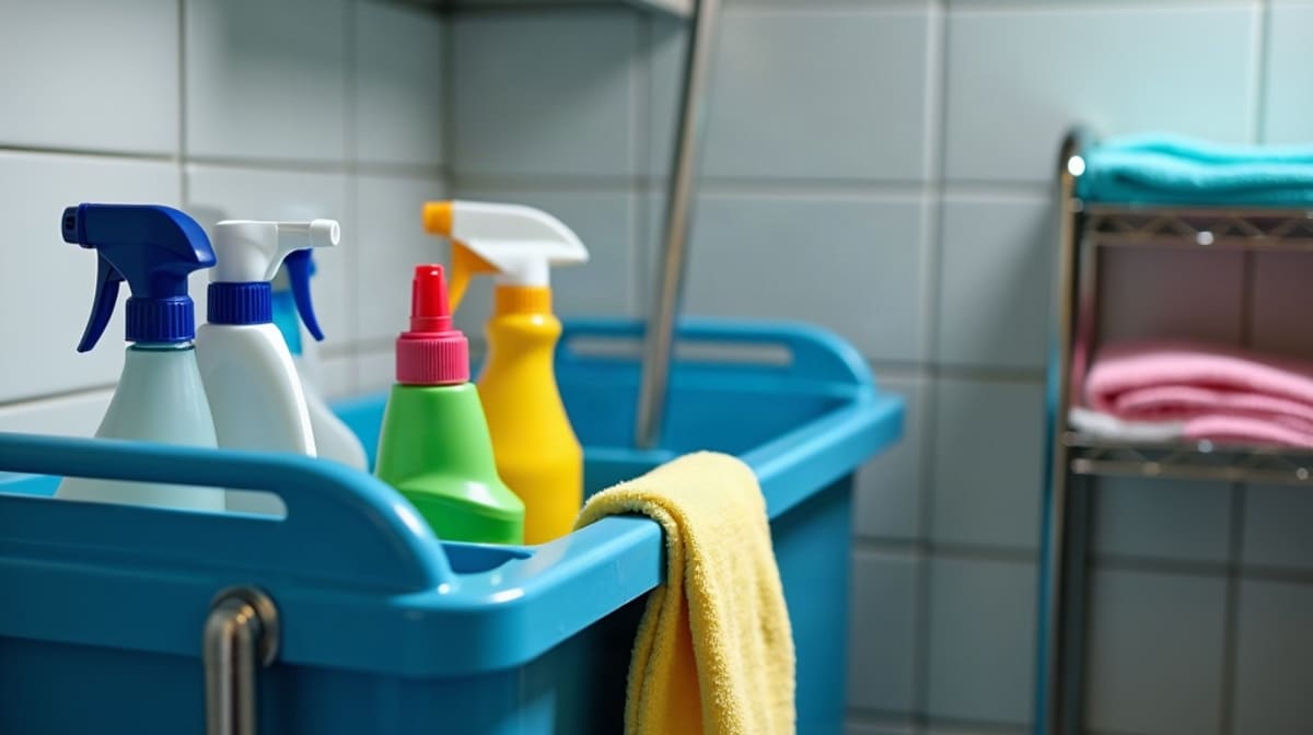 Chariot de ménage avec microfibres et seaux dans un couloir de bureaux vide
