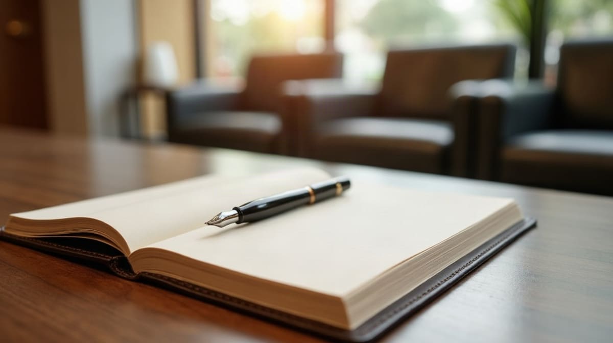 Livre d’accueil ouvert et stylo plume sur un comptoir de réception de bureau