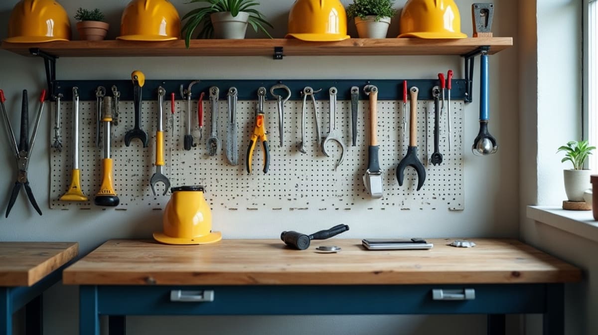 Atelier de formation professionnelle vide avec établis, outils et casques de sécurité