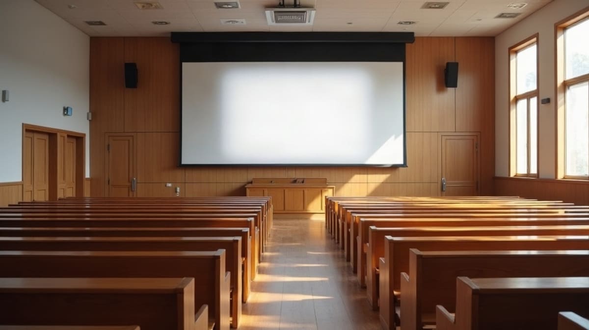 Amphithéâtre vide avec rangées de bancs en bois et grand écran de projection blanc