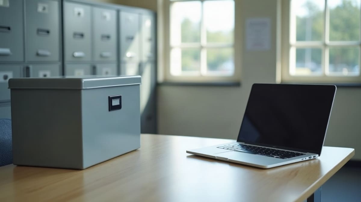 Pochette de fiches de paie posée près d’une tablette sur un comptoir d’administration