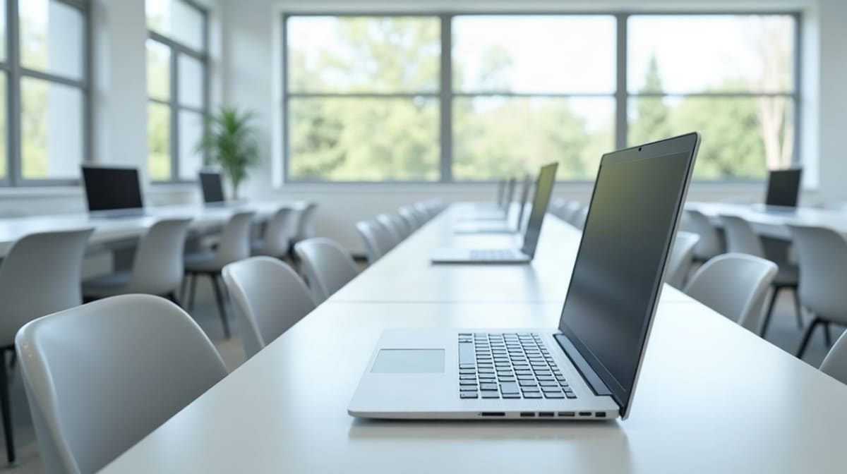 Salle informatique lumineuse avec des ordinateurs portables fermés alignés sur de longues tables blanches
