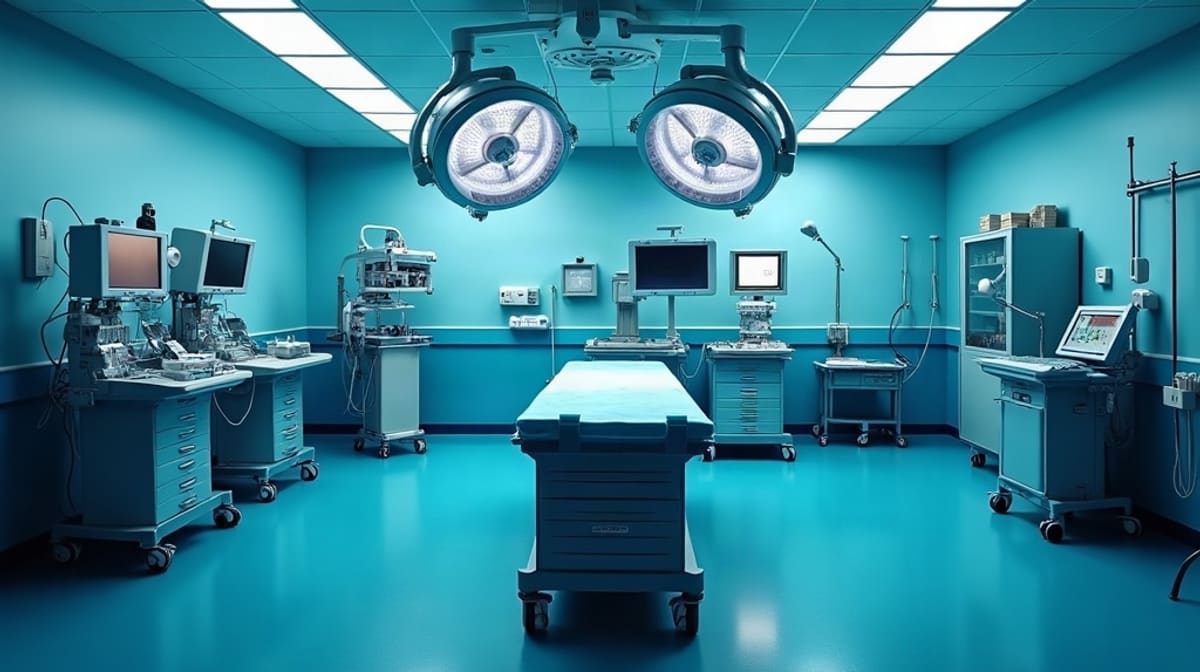 Bloc opératoire vide avec table d’opération, scialytique et chariot d’instruments stériles